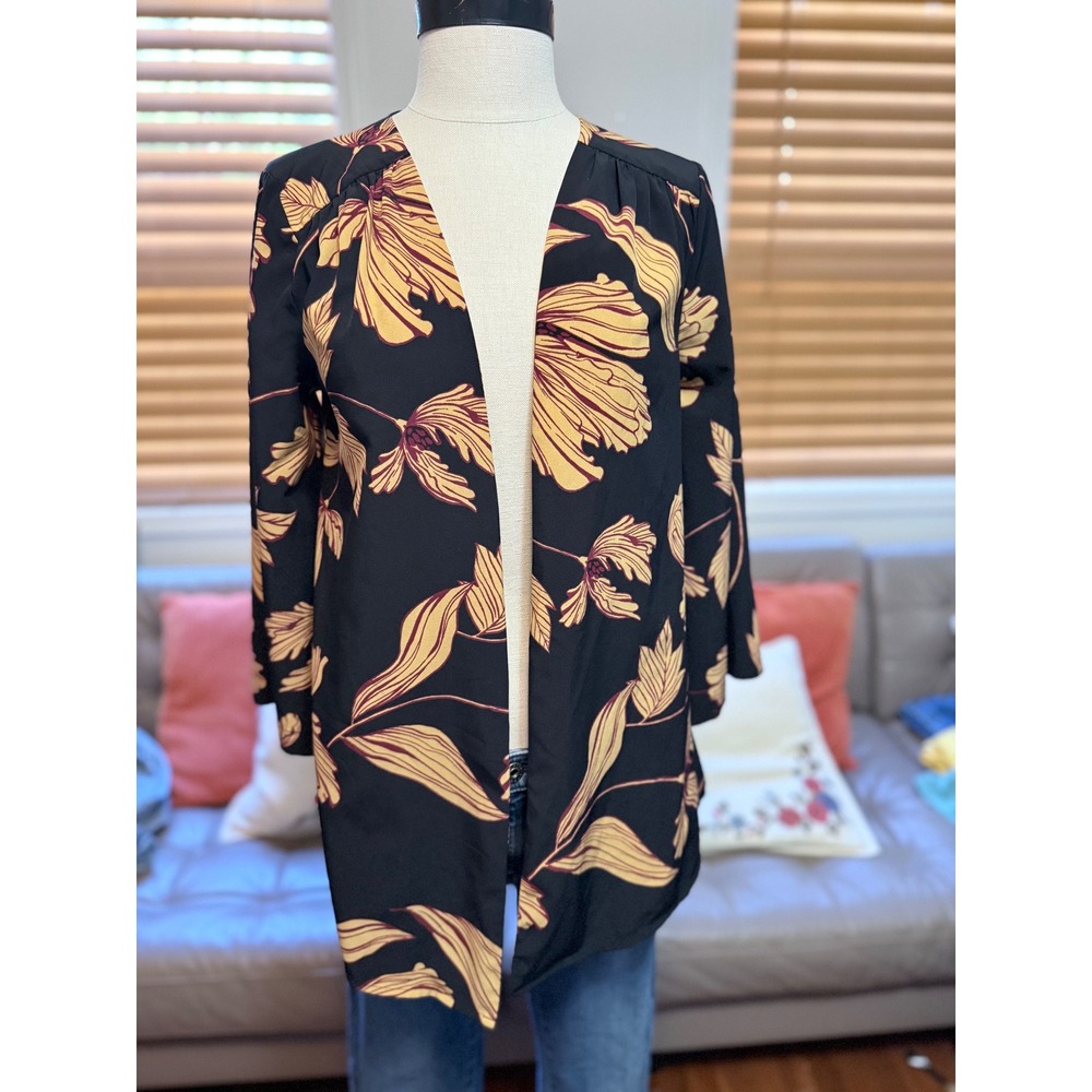 ModCloth Open Front Lightweight Kimono Mustard Yellow Burgundy Long Sleeve Top
